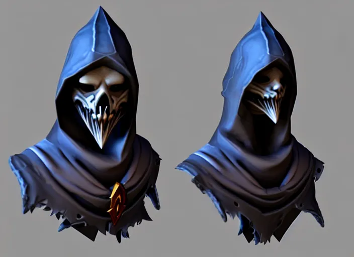 Prompt: hooded wraith skull, stylized stl, 3 d render, activision blizzard style, hearthstone style, darksiders style, dauntless style