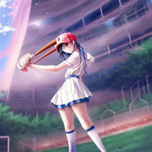 Image similar to this is the most beautiful anime girl playing baseball in the most beautiful artwork of the most beautiful girl playing baseball!, artstation!! pixiv!!, scenery art detailed, volumetric lighting, by range murata