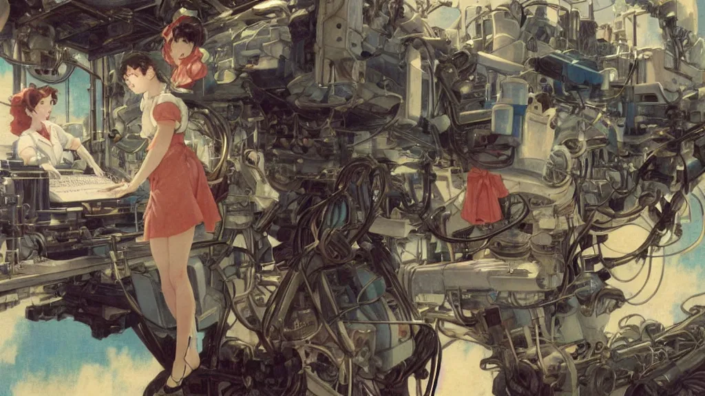 Image similar to a film still of a 1 9 5 0's mechanic anime girl working on a giant computer, finely detailed features, full body mid shot, perfect art, in the science laboratory, trending on pixiv fanbox, painted by gaston bussiere, makoto shinkai, akihiko yoshida, gaston bussiere, craig mullins, studio ghibli
