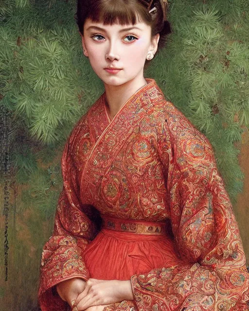 Prompt: a girl who resembles a 16-year old Audrey Hepburn and Scarlett Johansson, dressed in ornate, detailed, intricate Chinese imperial robes, detailed oil painting by William Adolphe Bouguereau and Donato Giancola