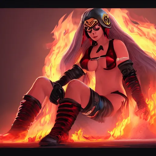 Image similar to Hot fire giantess, sitting down, lap pillow to masked man, fire in hand, warrior queen, concept art, artstation, 4k