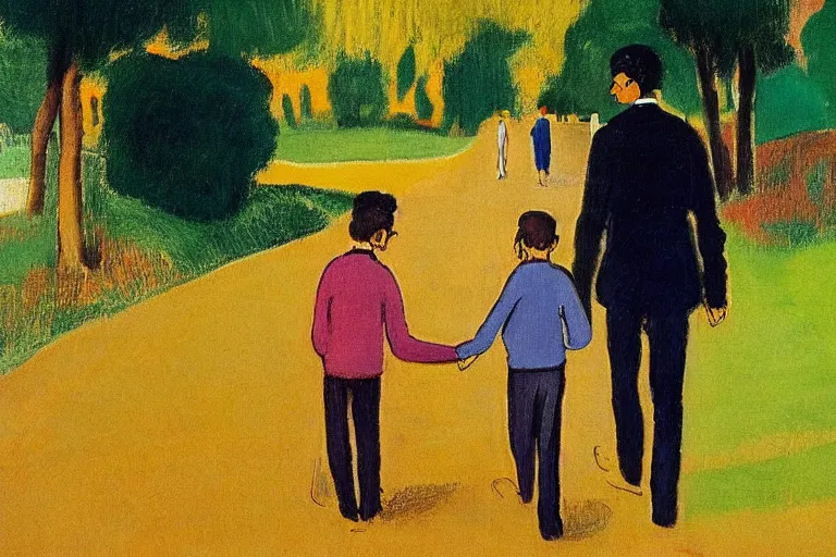 Image similar to a very tall man named John with dark hair holding the hands of a short young boy named Alex with dark hair as they walk down a suburban highway on a bright beautiful colorful day. part in the style of an edgar degas painting. part in the style of david hockney