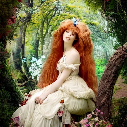 Prompt: Alice In Wonderland, sitting on a big throne made of fungi and tree roots, beautiful flowing hair, inspired by pre-raphaelite, shoujo manga, John singer Sargent, harajuku fashion, gossamer flowing fabric, Victorian lace, tulle, velvet, flower petals falling, wind-swept blonde hair, ethereal, scintillating, iridescent, chromatic aberration, dreamy fairytale vista