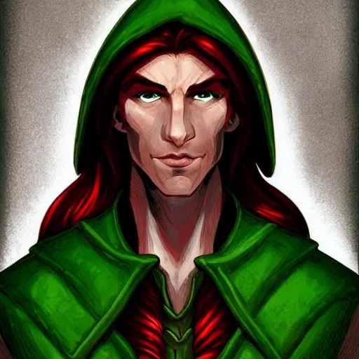 Prompt: D&D portrait male half elf artificer, red hair shaved on the sides, white coat, sharp face, green eyes digital illustration by terese nielsen