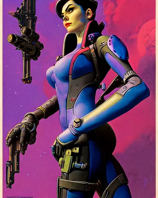 Image similar to widowmaker from overwatch, character portrait, portrait, close up, concept art, intricate details, highly detailed, vintage sci - fi poster, retro future, in the style of chris foss, rodger dean, moebius, michael whelan, and gustave dore