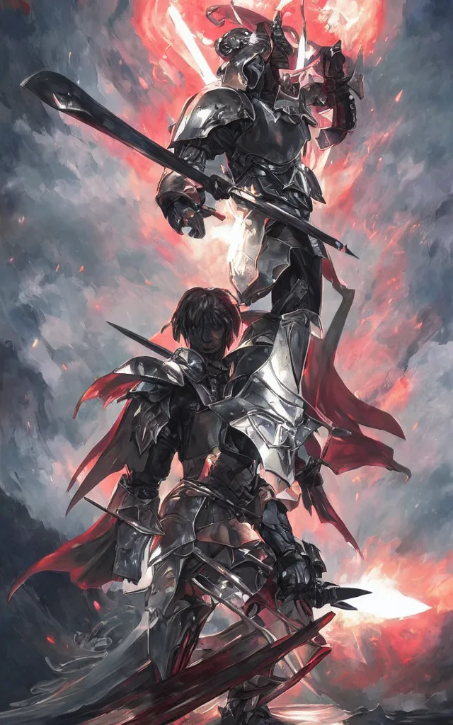 Image similar to Knight with black greatsword and black plate armour, one-eyed, emitting evil red aura, armor merging with body, full body shot, anime style, 90's modern art, art by artgerm and greg rutkowski and alphonse mucha