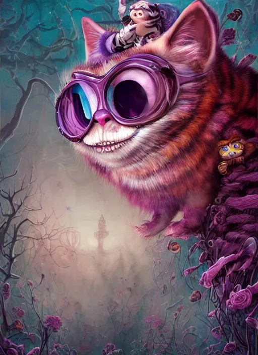 Prompt: cheshire cat, nice, friendly, cheeky, sunglasses, highly detailed, cinematic, 8 k, by megan duncanson, benjamin lacombe, stanley artgermm, tom bagshaw, craig mullins, carne griffiths, ayami kojima, beksinski, giger, trending on deviantart, hyper detailed, horror, full of colour