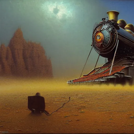 Image similar to an enormously and highly realistic and detailed concept painting of a old Steam locomotive made of locusts racing towards infinity in space , art by Beksinski, Vlad Gheneli, Andreas Rocha, john howe, albert Bierstadt, alena, rectilinear, octane render., trending on artstation.