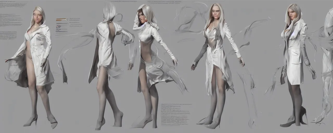 Image similar to character design, reference sheet, gaunt, a beautiful and elegant young lady like Jeniffer, doctor's white coat, concept art, photorealistic, hyperdetailed, 3d rendering , art by Leyendecker and frazetta,