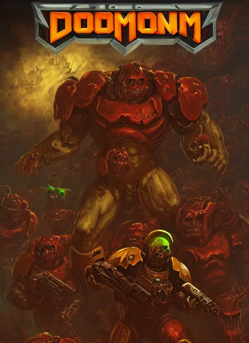 Prompt: ( doom ) cover featuring doom guy!! space marine!! surrounded by demons, by jimmy presler, artstation, vivid gaze