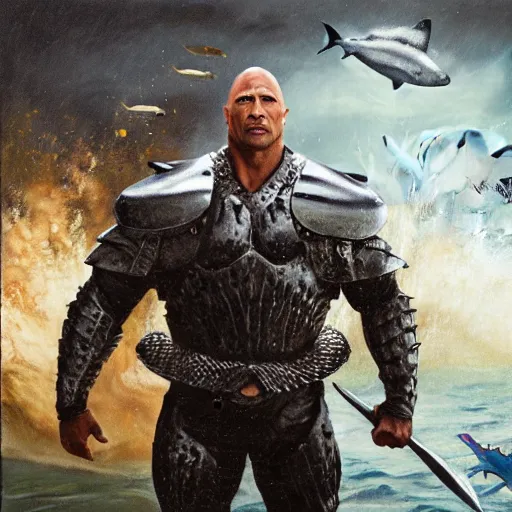 Prompt: dwayne johnson in armor fighting a shark, painted