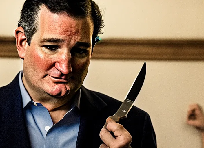 Prompt: ted cruz with a knife, movie still, from the new purge movie, 8 k, realistic