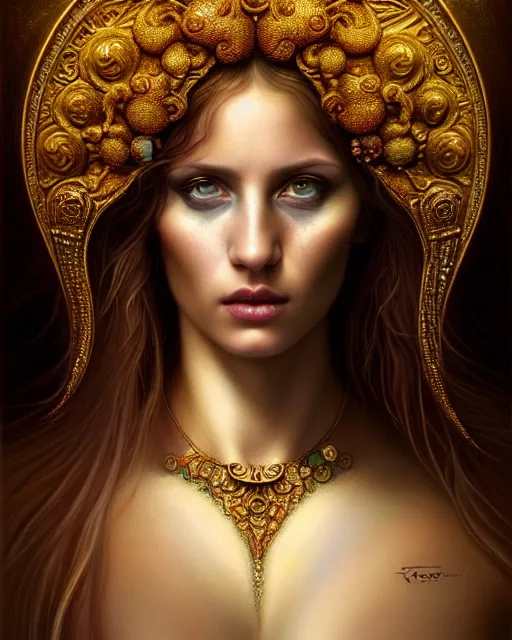 Image similar to portrait of the beautiful young aphrodite's, unusual beauty, esoteric, outworldly colours, head in focus, fantasy art, ornamental, intricate, elegant, highly detailed hyperrealistic painting, artstation, concept art, painterly, golden ratio, sharp focus, illustration, art by tomasz alen kopera