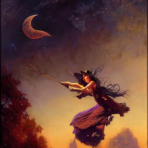 Image similar to witch flying, trough the night, fantasy, full moon in background. highly detailed painting by gaston bussiere, craig mullins, j. c. leyendecker 8 k