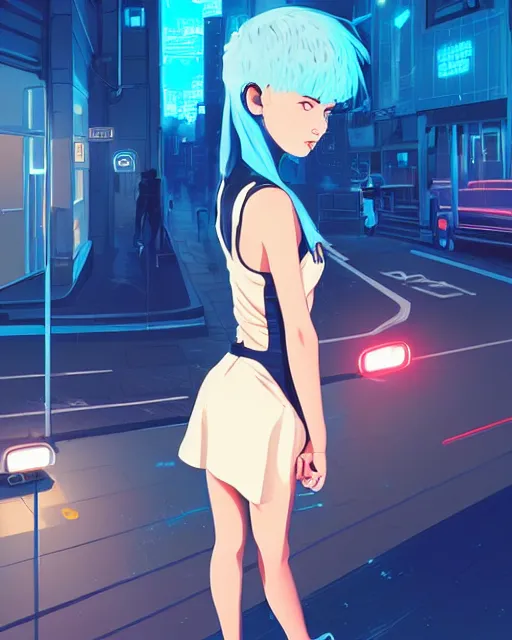 Prompt: digital illustration of cyberpunk pretty girl with blue hair, beautiful blue eyes, wearing a short mini skirt and tank top, in city street at night, by makoto shinkai, ilya kuvshinov, lois van baarle, rossdraws, basquiat