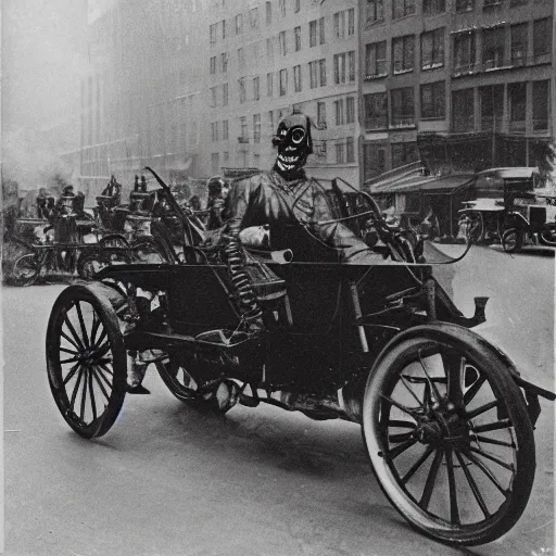 Image similar to old black and white photo, 1 9 1 3, depicting a ghost rider rampaging through the bustling streets of new york city, historical record