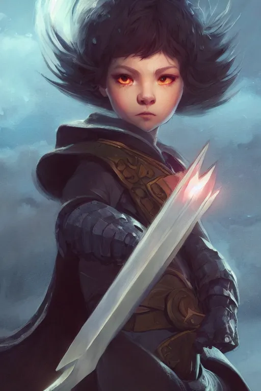 Image similar to a small paladin holding a starknife, character art portrait, anime key visual, official media, illustrated by tom bagshaw, wlop, kentaro miura, extremely detailed, 8 k, trending on artstation, cinematic lighting, beautiful