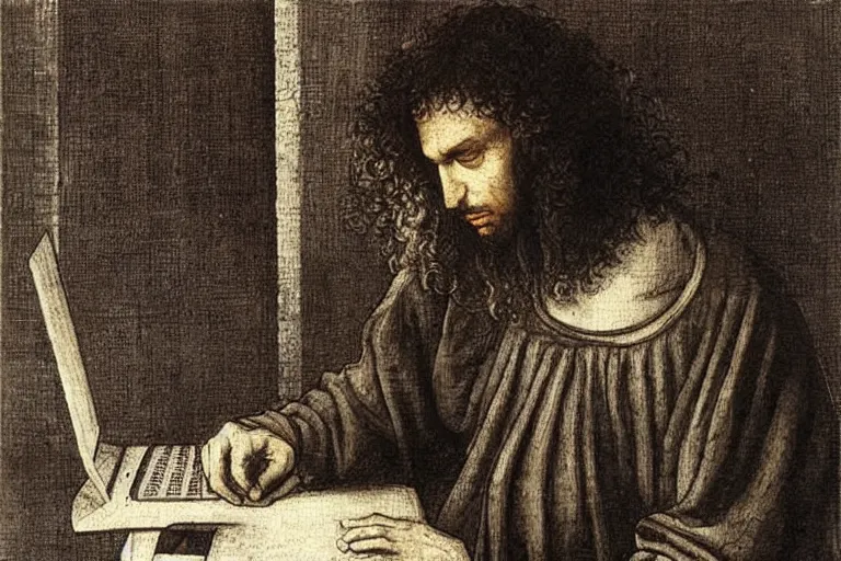 Image similar to an annoyed curly - haired persian guy programmer by leonardo davinci and mc escher