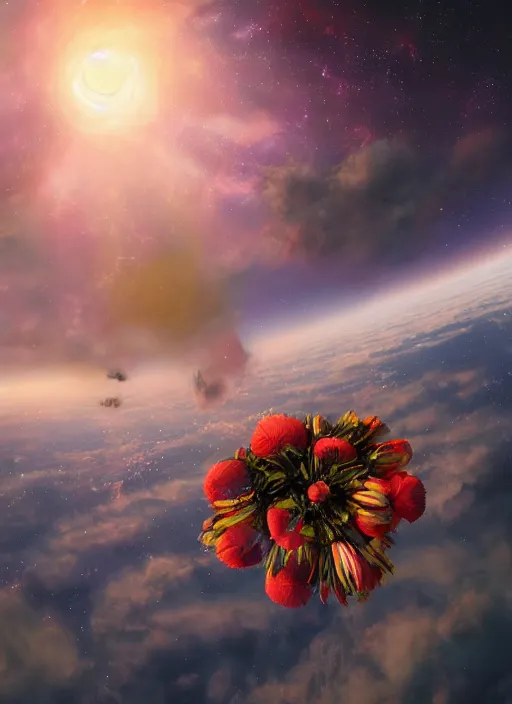 Prompt: An epic fantastic realism comic book style painting of the most beautiful flowers launched into space, bouquets, fisheye lens, unreal 5, DAZ, hyperrealistic, stars in the night sky, octane render, dynamic lighting