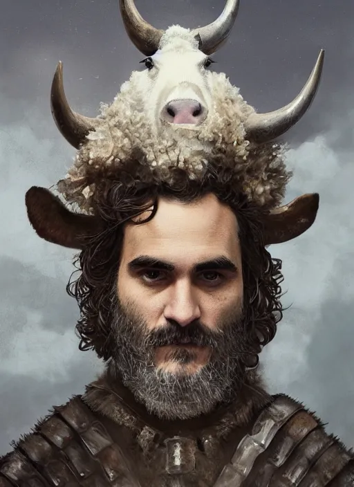 Prompt: digital painting of joaquin phoenix wearing armor made of animals, cow horns, pig nose, sheep wool, chicken feather armor, majestic, by anna podedworna and miklos ligeti, diego maricato, taran fiddler, antonino truisi, chris reddie, jinsung lim, on artstation