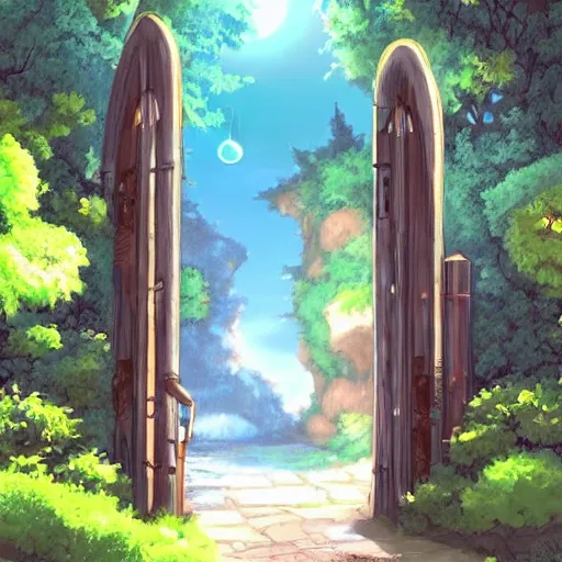 Image similar to gate portal with another world visible inside in studio ghibli style, dreamy, mystical, dark