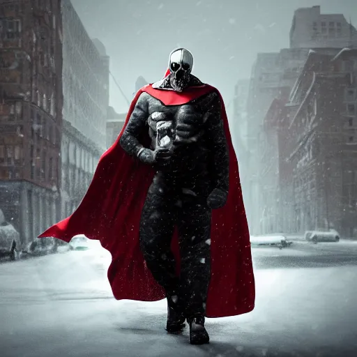 Prompt: a hero with a cape holding a skull during a blizzard in a city, award winning, trending on artstation, unreal engine