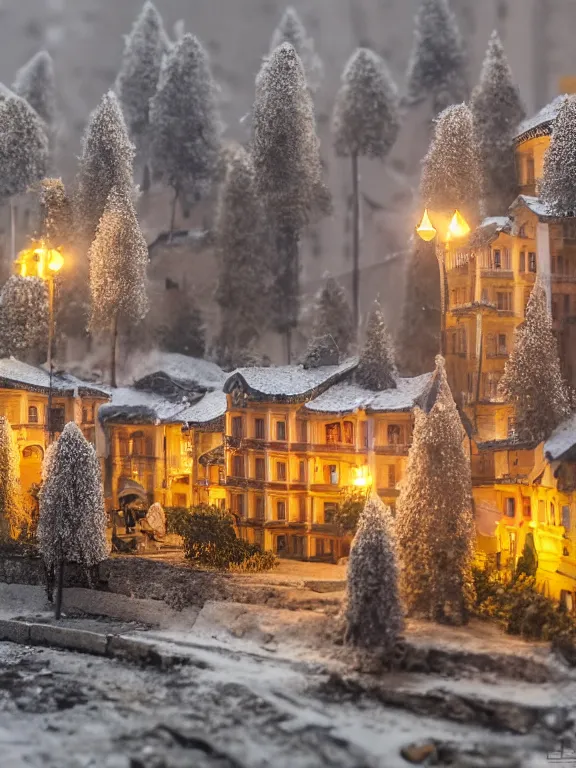 Prompt: very intricately detailed miniature diorama a russian residential building in russian suburb, lights are on in the windows, dark night, russian courtyard, cozy and peaceful atmosphere, fog, cold winter, snowing, streetlamps with orange light, several birches nearby, elderly man passing by, macro photography, soft light,