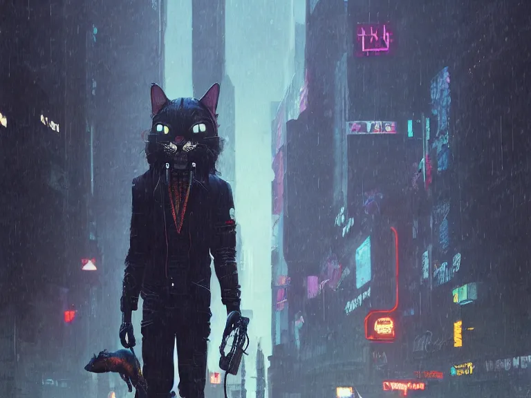 Image similar to new york city portrait of furry anthro anthropomorphic cat head animal person fursona wearing clothes strange cybernetic muzzle gloomy rainy screenshot from the video game cyberpunk 2077 digital art by Greg Rutkowski, Simon Stalenhag, christopher nolan trending on Artstation, CGSociety