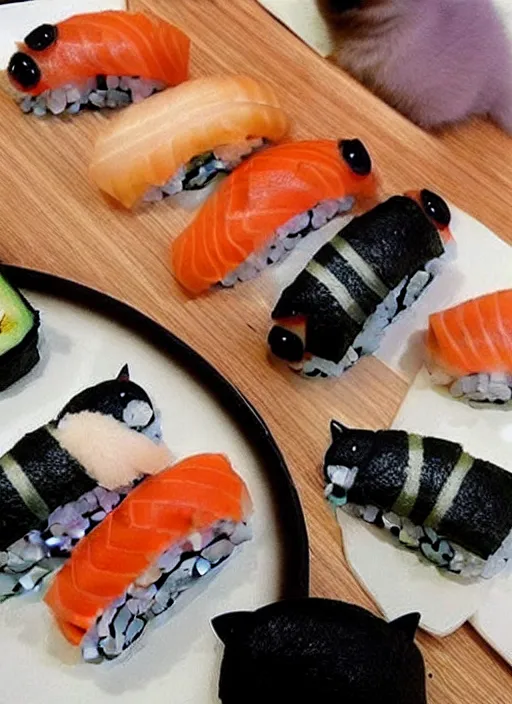 Image similar to clear photorealistic picture of adorable cats made out of sushi