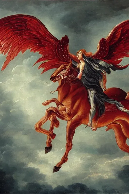 Prompt: this painting seems to depict a wingless angel on a horse who looks down at the ground beneath him. meanwhile, above him is a twisting funnel of angry red fire.