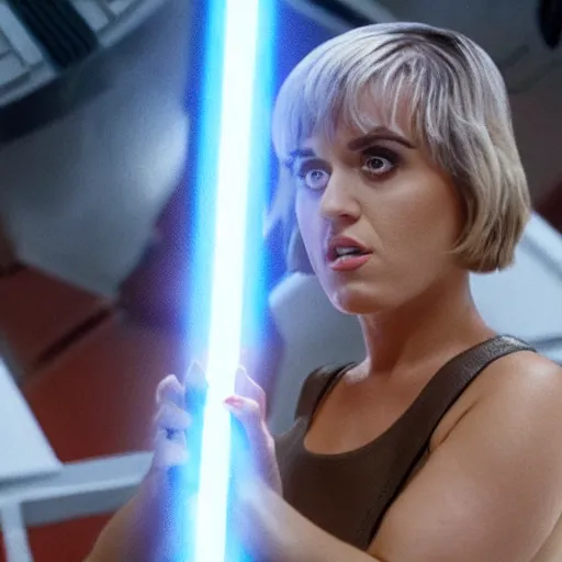 Image similar to movie still of katy perry as luke skywalker in star wars