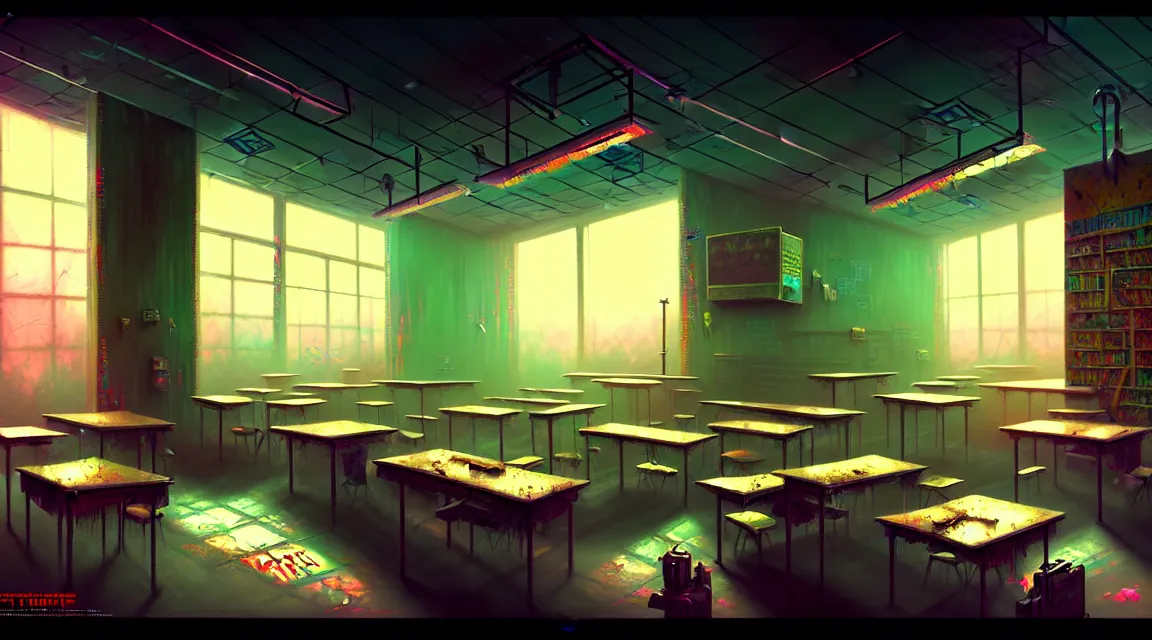 Prompt: post apocalyptic school interior, human silhouette, furniture, interior decoration, by thomas kinkade trending on artstation, photorealistic, hyper detailed, hyper realistic, cyberpunk vibrant colors colorful