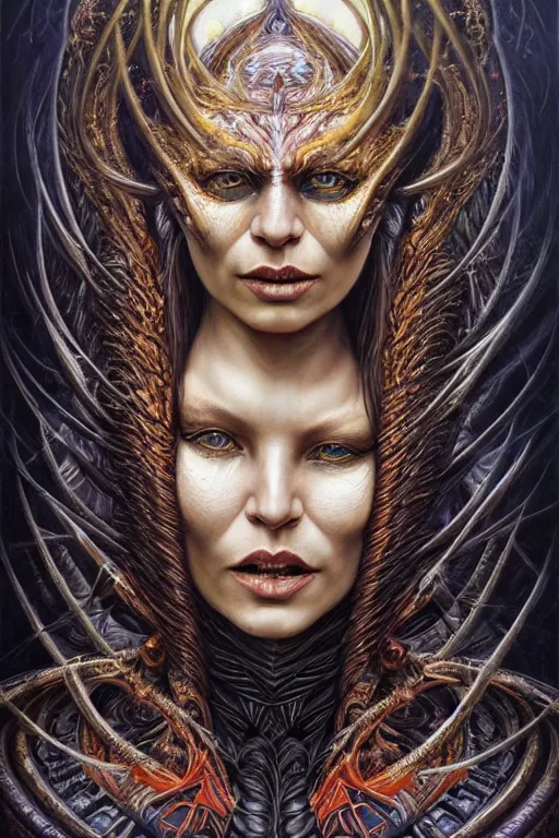 Prompt: single face portrait. complex hyper-maximalist overdetailed beautiful but terrifying, cinematic cosmic scifi portrait of an elegant very attractive but wild and dangerous witch antropomorphic female warrior god by andrei riabovitchev, tomasz alen kopera, oleksandra shchaslyva alex grey and bekinski. Fantastic realism. Extremely ornated with laced bone, branches with big thornes and green poisonous steam. Volumetric soft green and red lights. Omnious intricate. Secessionist style ornated portrait illustration. Poison goddes. Slightly influenced by giger. Zerg human hybrid goddes. Unreal engine 5. Focus on face. Artstation. Deviantart. 8k 4k 64megapixel. Cosmic horror style. Rendered by binx.ly. coherent, hyperrealistic, lifelike textures and only one face on the image.