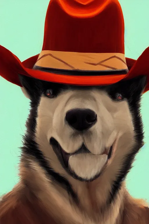 Prompt: a portrait painting of a husky in cowboy costume, wearing a cowboy hat, by studio ghibli, in the style of anime, [ red dead ], humanoid, personify, anthropomorphic, trending on artstation