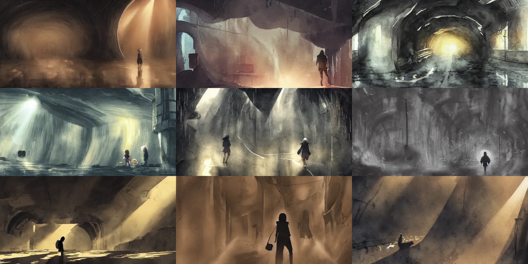 Prompt: anime movie scene, mamoru oshii, otomo, ultra wide, vanishing point, hoody woman explorer, watercolor, dripping, black circle, dark sewer exit, dark train tunnel entrans, waterfall, sun beam, dusty volumetric light, back lit, paper texture, puddles, brutalist, golden ratio