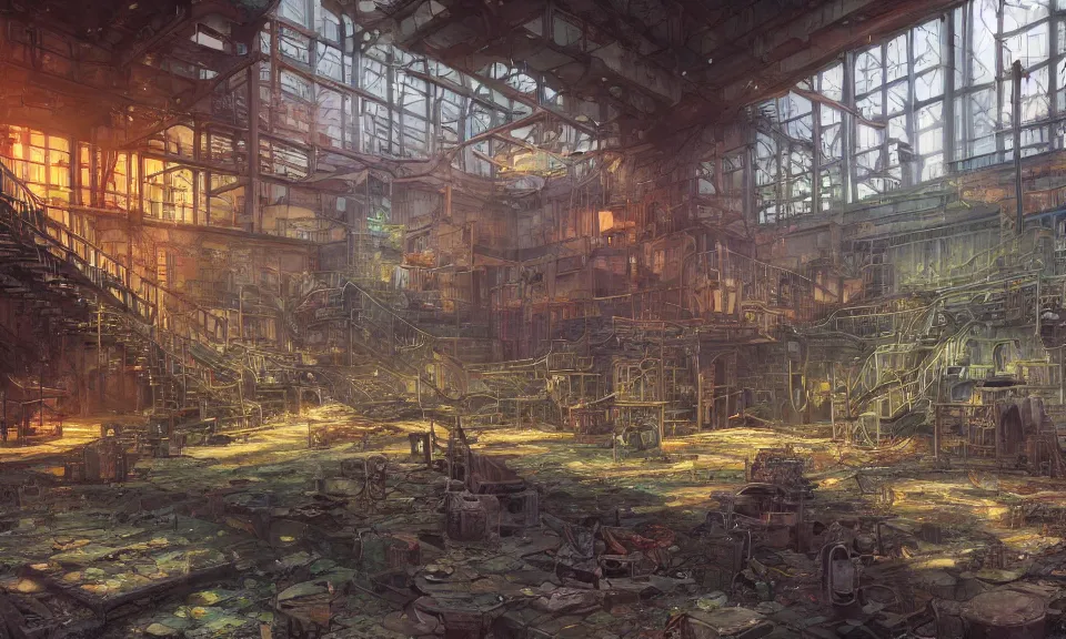 Prompt: abandoned industrial factory interior, highly detailed, magic fantasy, digital art, vibrant colors, keyframe illustration, trending on artstation, andreas rocha, sylvain sarrailh, darek zabrocki, finnian macmanus, dylan cole, liang mark, albert bierstadt, sung choi, peter mohrbacher, greg rutkowski