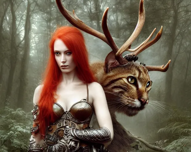 Image similar to 5 5 mm portrait photo of an armored gorgeous aesthetic redhead woman warrior with a face tattoo and antlers growing from her head and cat on her shoulder, in a magical forest. art by greg rutkowski and luis royo. highly detailed 8 k. intricate. lifelike. soft light. nikon d 8 5 0.