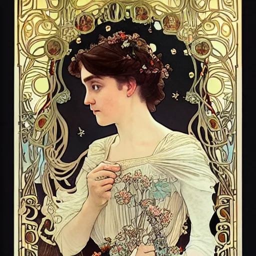 Image similar to a detailed, intricate art nouveau portrait poster of a young bride who resembles a teenage saoirse ronan and emma watson in a white bridal gown, in a garden of fireflies and glowing lanterns at night, by alphonse mucha, and john william waterhouse