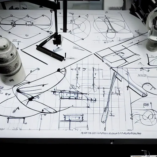 Prompt: Theory of body transfer, sci-fi, technical drawing on a architect table, laboratory and machinery, cinematic style