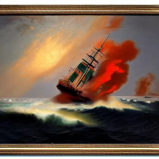 Prompt: large ship being tossed about in a fiery storm in the sea, dark, low light, terrifying, beautiful, raja ravi varma painting