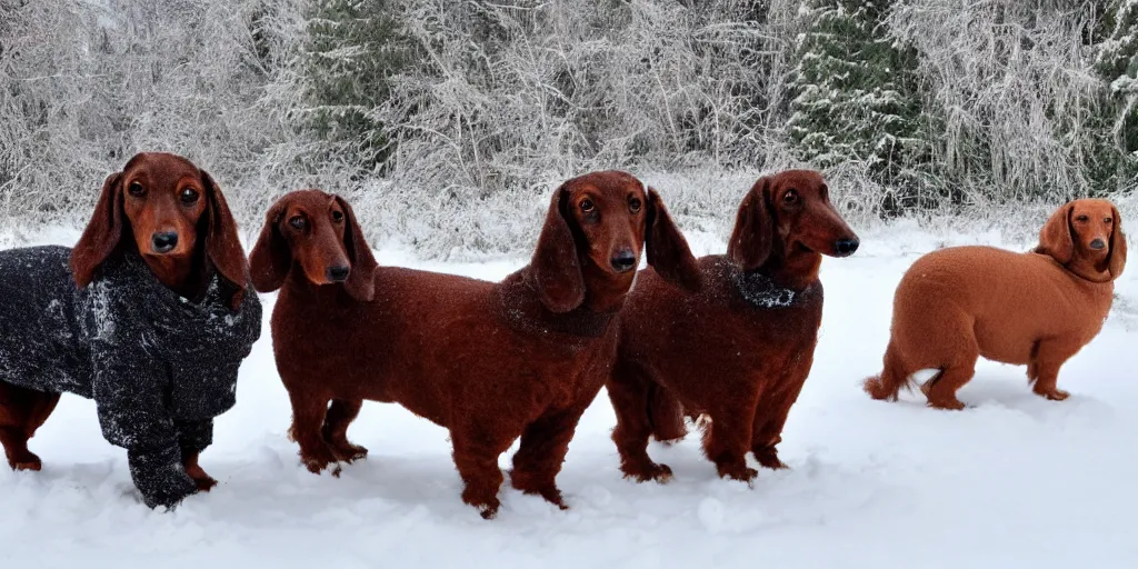 Prompt: Giant woolly dachshunds, in snow