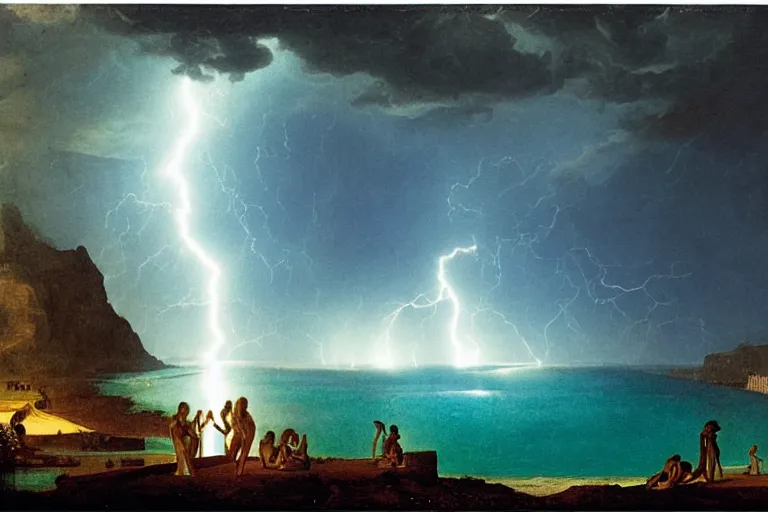 Image similar to doomsday, refracted lightnings on the ocean, thunderstorm, greek pool, beach and Tropical vegetation on the background major arcana sky and occult symbols, by paul delaroche, hyperrealistic 4k uhd, award-winning, very detailed paradise