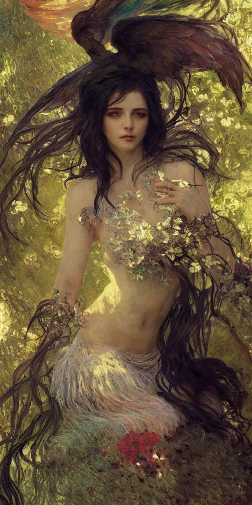 Prompt: illustration studio portrait of dark beautiful seraphim females energy in an artistic pose resting in nature, monet painterly motives and textures pattern, hyper detailed, octane render, vivid colors, artstation, by jeremy mann, by alphonse mucha, by monet, neo classical painting of heaven aesthetics