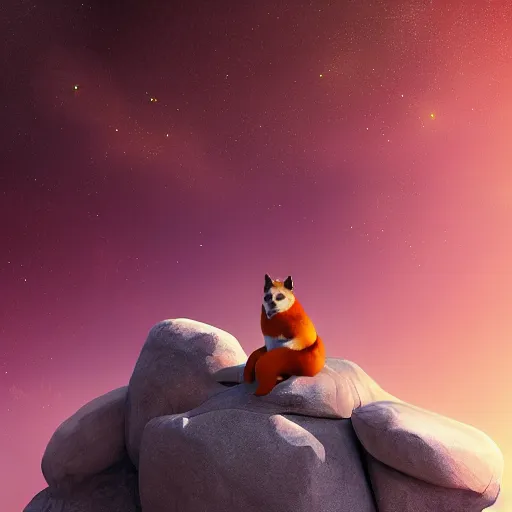 Prompt: A Shiba inu monk sits on a rock and fly through space and time, Artstation