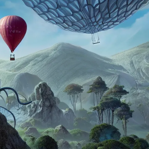 Image similar to hot air balloon hotel by H.P. Lovecraft, abaddon and magali villeneuve, ghibli moebius, 8k, epic scene, scifi, unreal engine, trending on cg station. masterpiece.