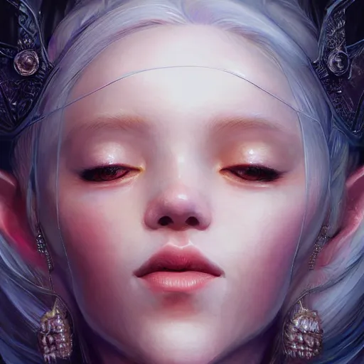 Image similar to A masterpiece portrait of a A albino gorgeous Asian elvish blonde girl with huge Diamond in her forehead. Goddess of North. trending on artstation, digital art, by Stanley Artgerm Lau, WLOP, Rossdraws, James Jean, Andrei Riabovitchev, Marc Simonetti, Yoshitaka Amano