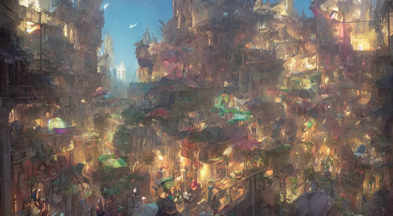 Image similar to bazaar zouk oriantal place mosquet multicolorful sky shine matte painting, street art, trending on artstation, by huang guangjian and gil elvgren and sachin teng