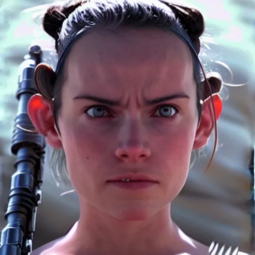 Image similar to Rey from Star Wars twenty years older as a Jedi Master