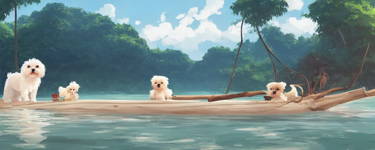 Image similar to a cream - colored havanese dog and shih tzu, sailing a log raft onto the shore of a beautiful tropical beach, detailed, atey ghailan, goro fujita, studio ghibli, rim light, exquisite lighting, clear focus, very coherent,