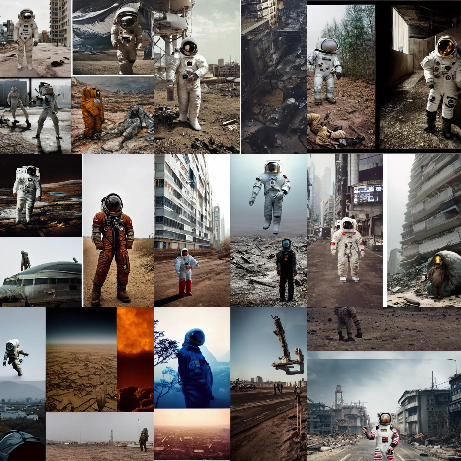 Prompt: giant american spacesuit astronaut in postapocalyptic tokio, overcast, by steve mccurry, by oleg oprisco, by thomas peschak, by discovery channel, by victor enrich, by gregory crewdson